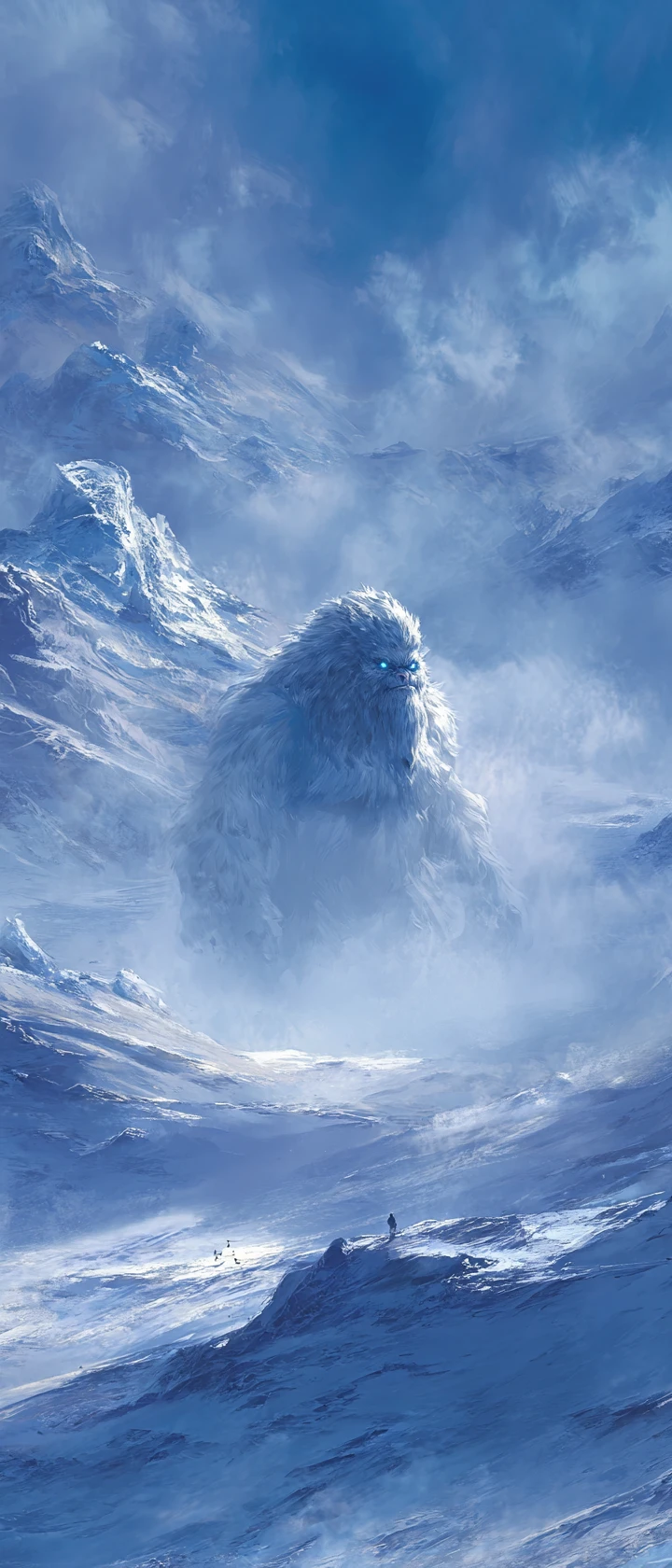 Yeti distante em uma selvageria montanhosa congelada e tempestuosa