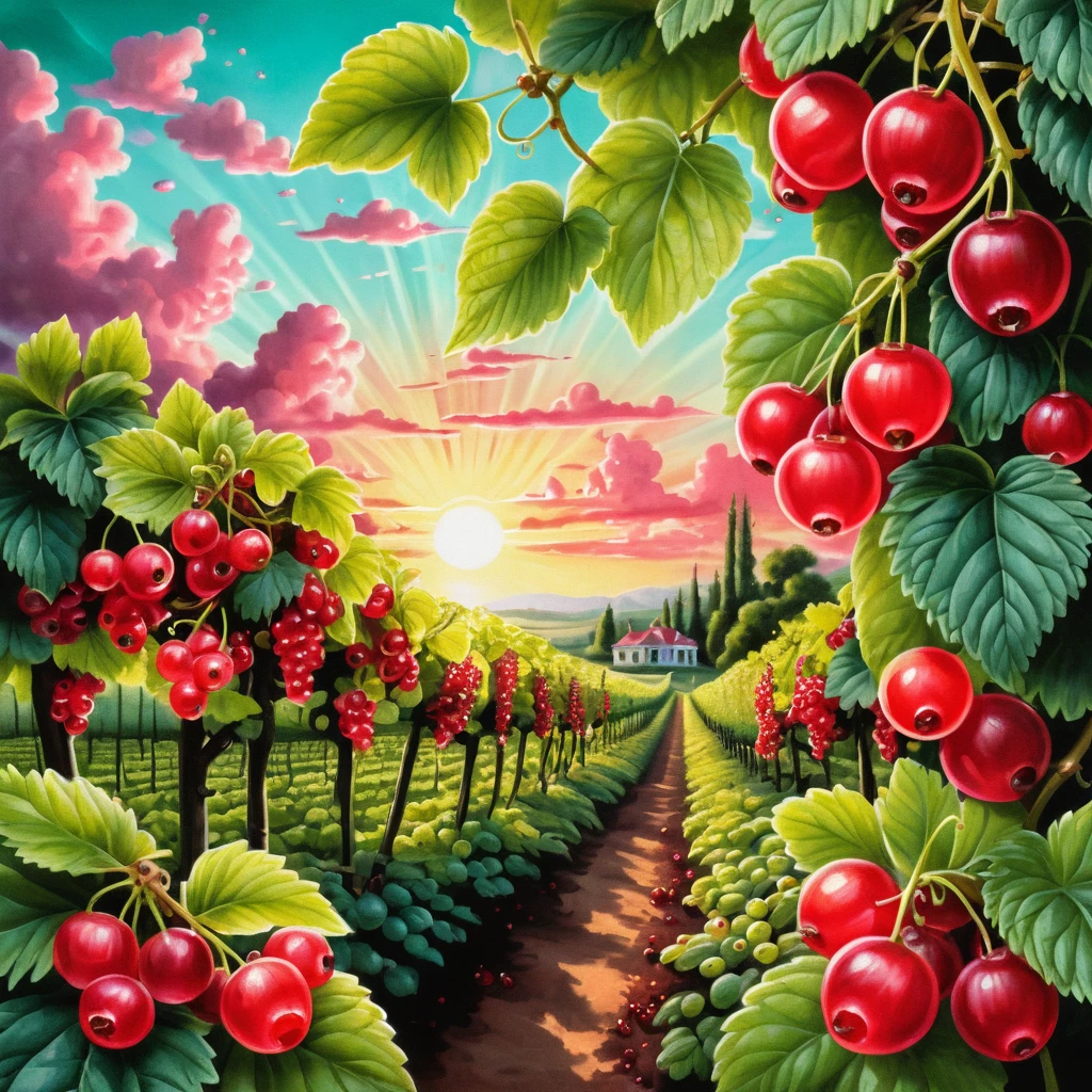 Lever de soleil surréaliste sur une plantation de groseilles en rouges et verts éclatants