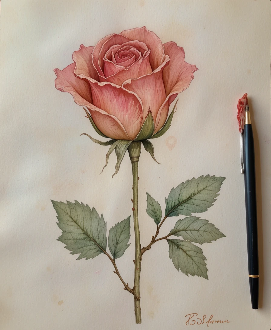 Delicato bocciolo di rosa ad acquerello su morbido sfondo ispirato al tulle