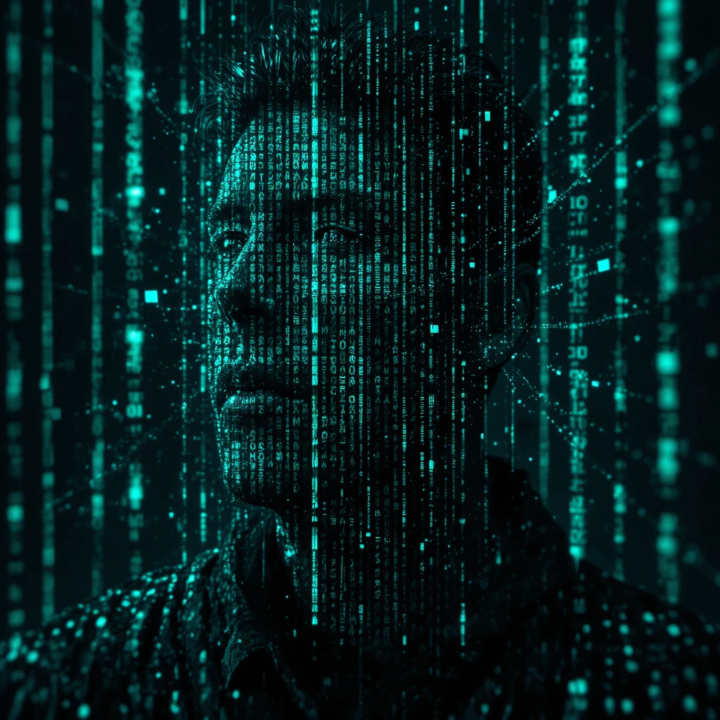 Padrão cinematográfico de matriz neon com glitch e fragmentação digital