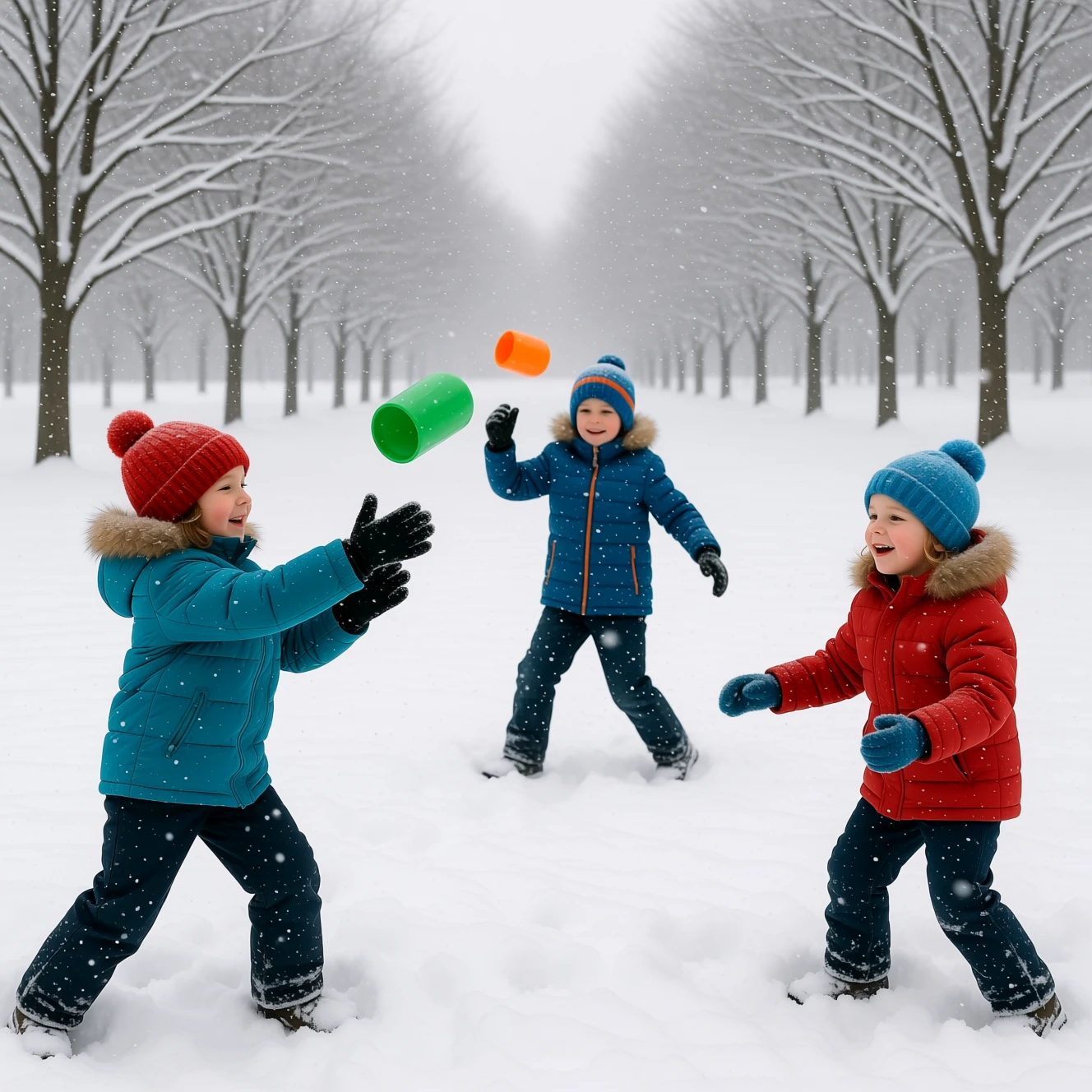 Crianças brincando e pulando juntas em um campo nevado