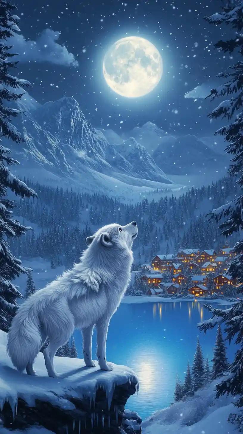 Lobo branco sob a lua cheia sobre montanhas nevadas