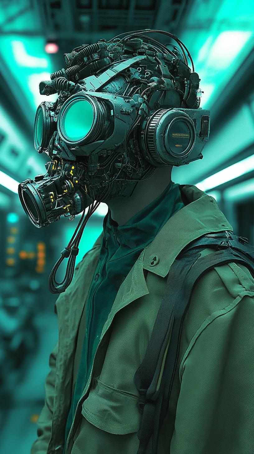 Homem com óculos de realidade cyberpunk em interior de nave espacial futurista