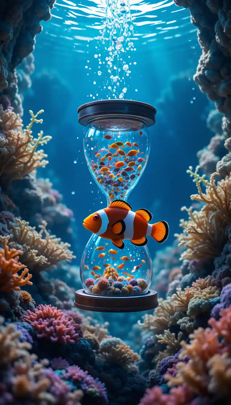 Cute clownfish with hourglass on tranquil coral planet