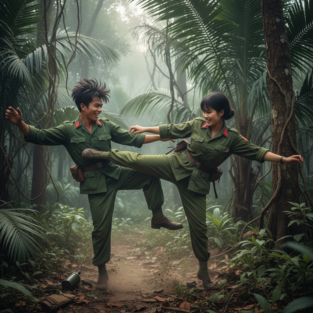 Soldados do Vietnã do Norte e do Sul treinando combate na selva