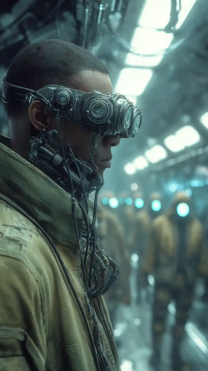 Sci‑Fi-Mann mit Steampunk-Schutzbrille im Raumschiffkorridor