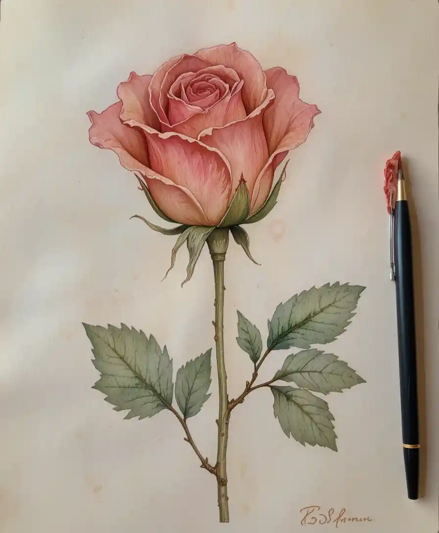 Zarte Aquarell-Rosenknospe vor weichem Tüll-inspiriertem Hintergrund