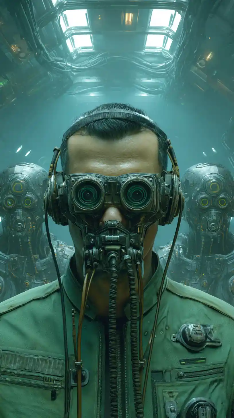 Homem com óculos steampunk em corredor futurista de nave espacial