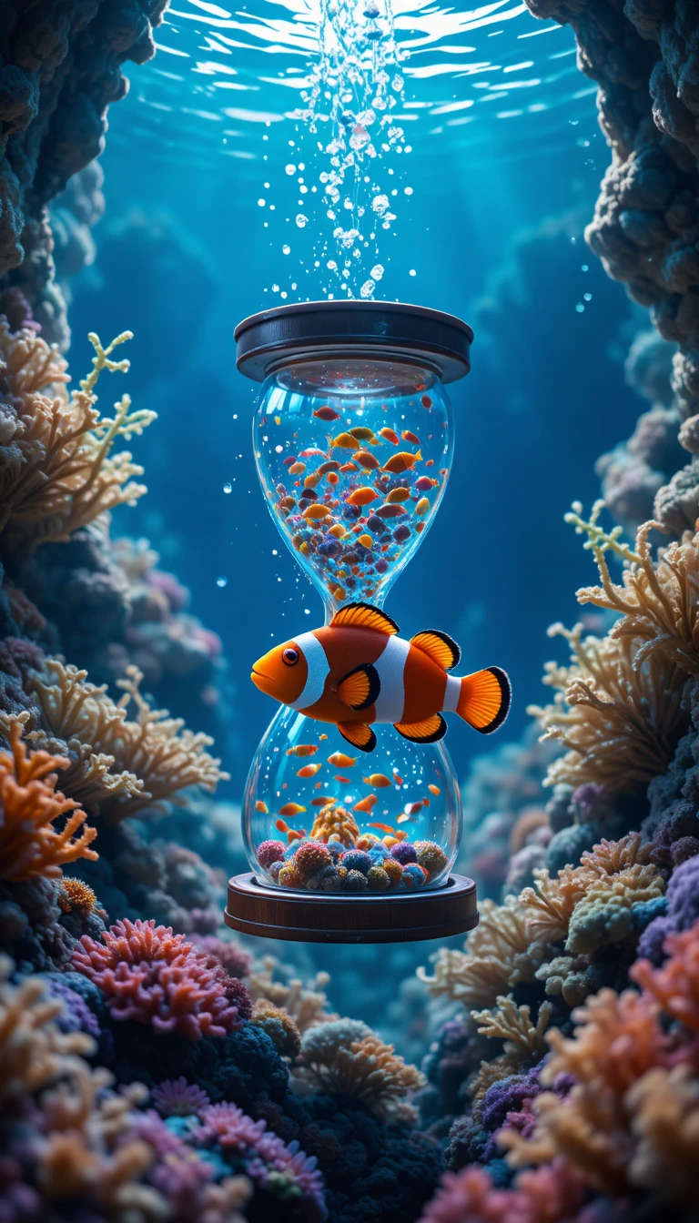 Adorable poisson-clown avec sablier sur une planète de corail paisible
