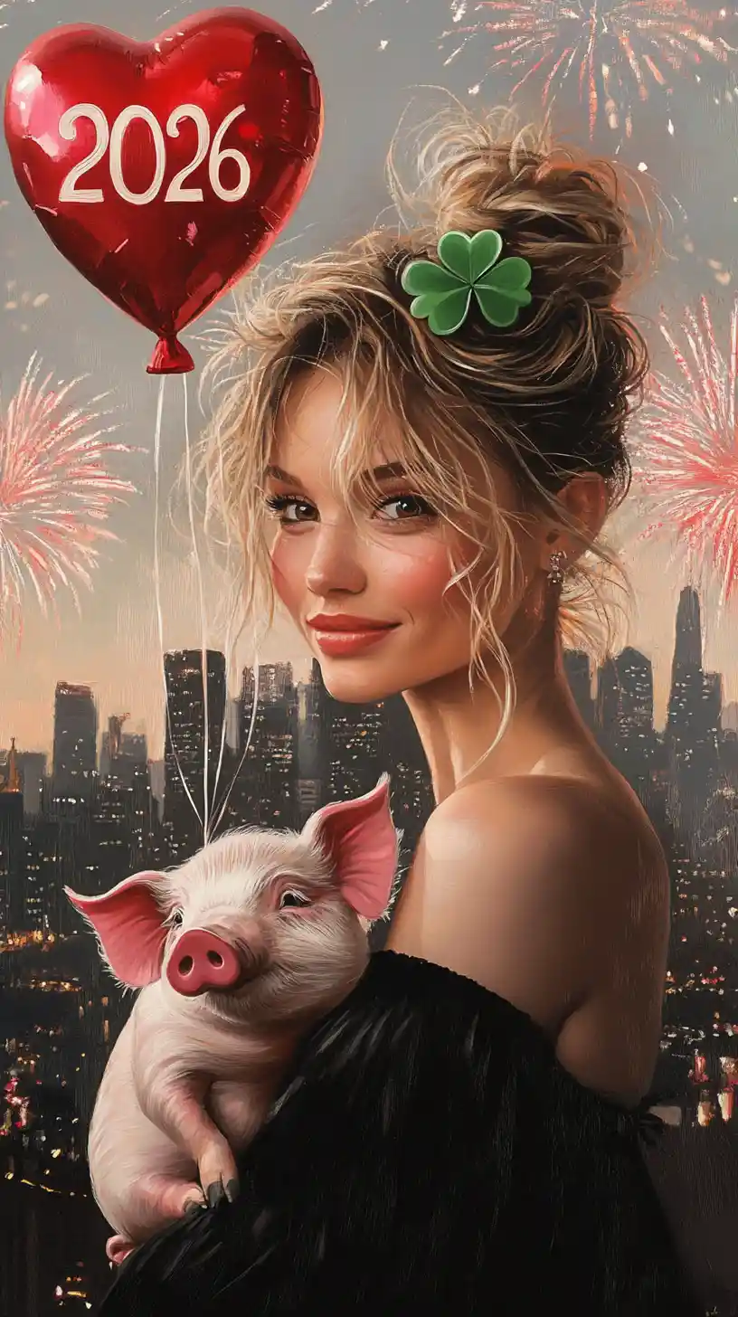 Woman holding a piglet with fireworks over city skyline