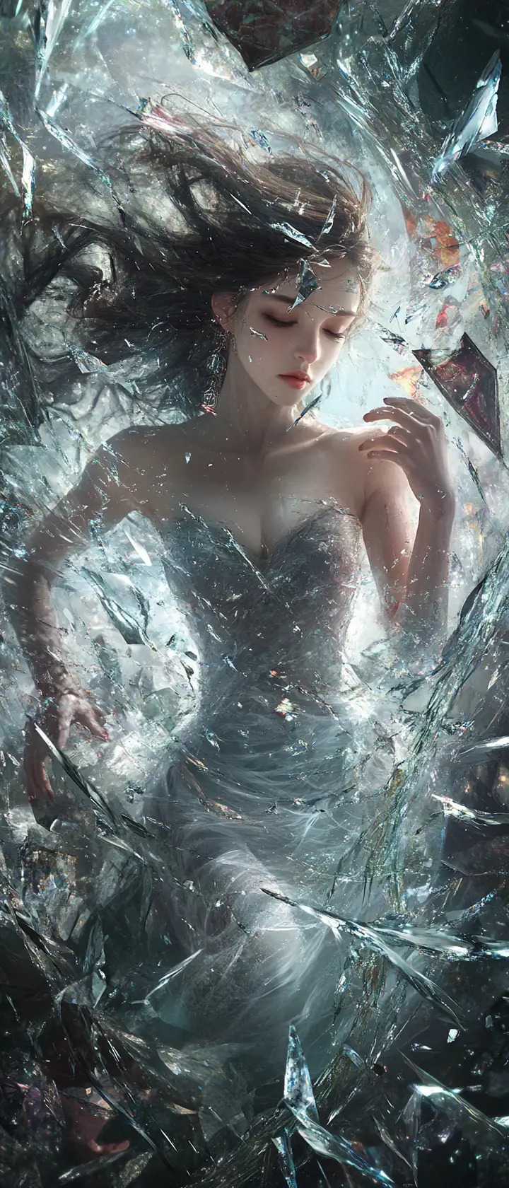 從破碎彩繪畫布中浮現的飄渺女子