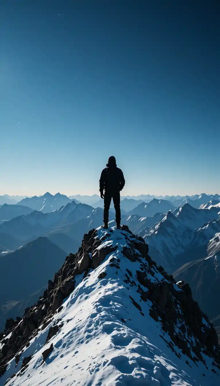 Silhouette of a climber standing on a snowy mountain peak