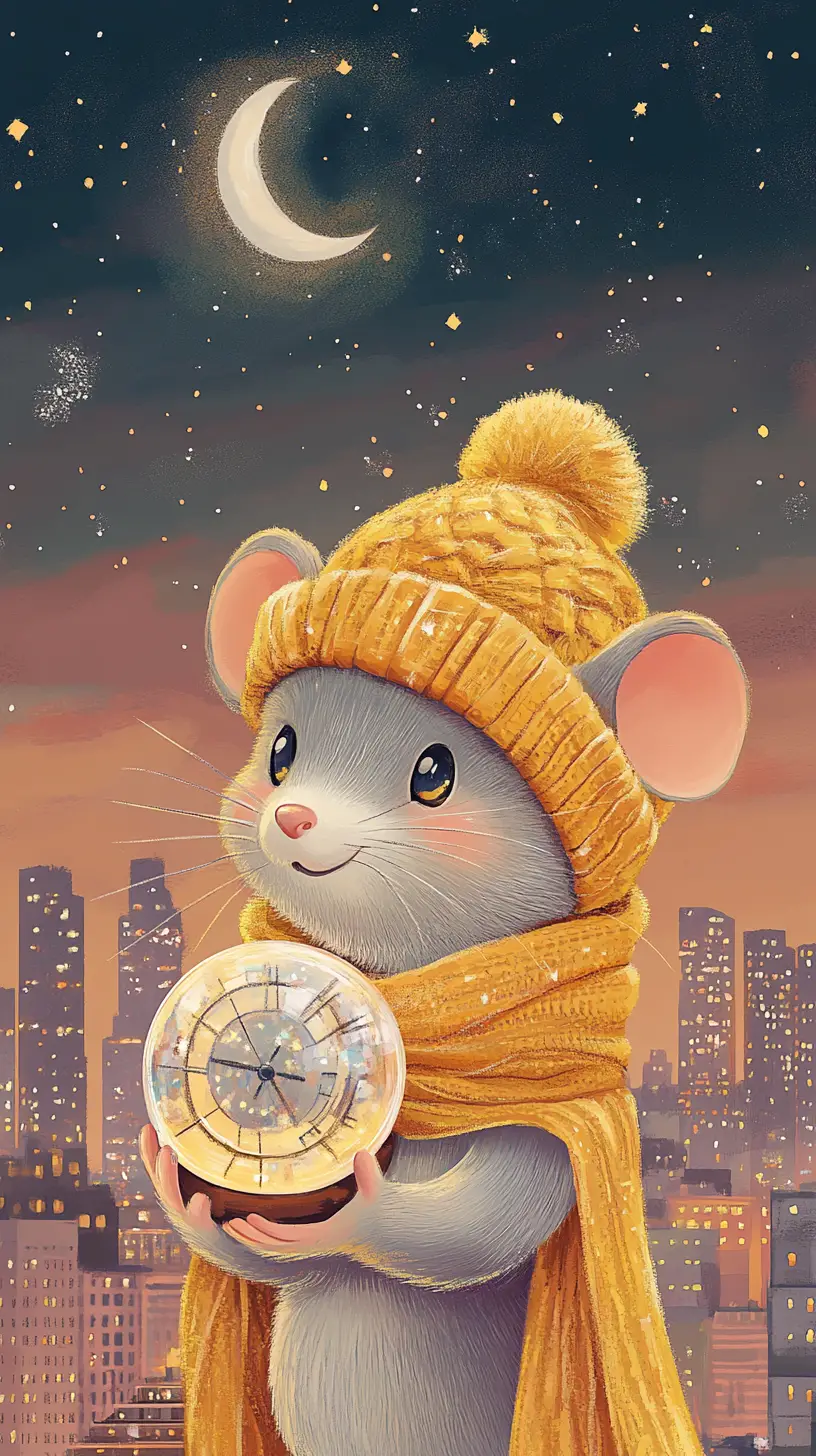 Süße Cartoon-Maus mit Kristallkugel-Uhr in der Nacht