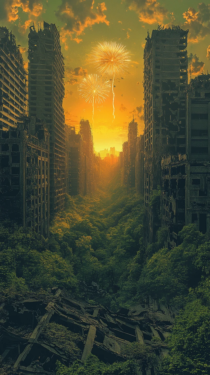 Città post apocalittica con fuochi d’artificio sopra rovine invase dalla vegetazione