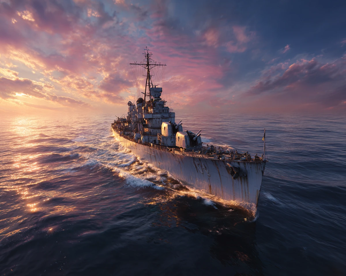 World War II destroyer slicing through waves at sunrise