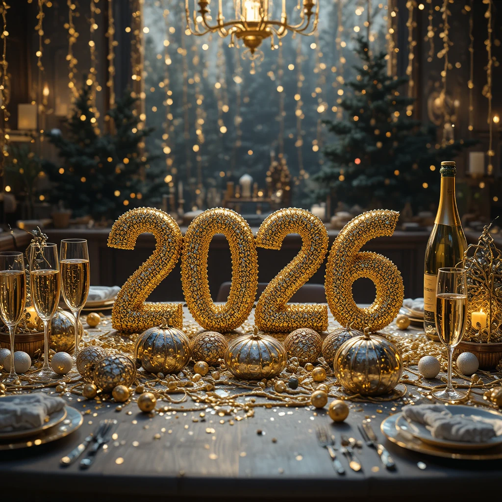 Mesa de fiesta de Año Nuevo lujosa con decoración dorada de 2026