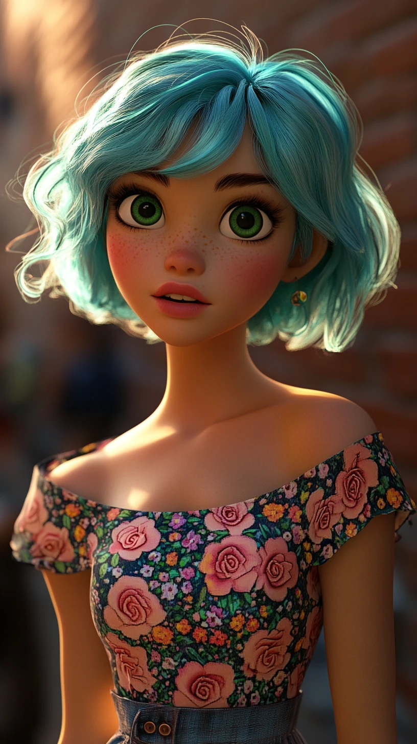 Portrait de fille aux cheveux turquoise avec haut à motif floral