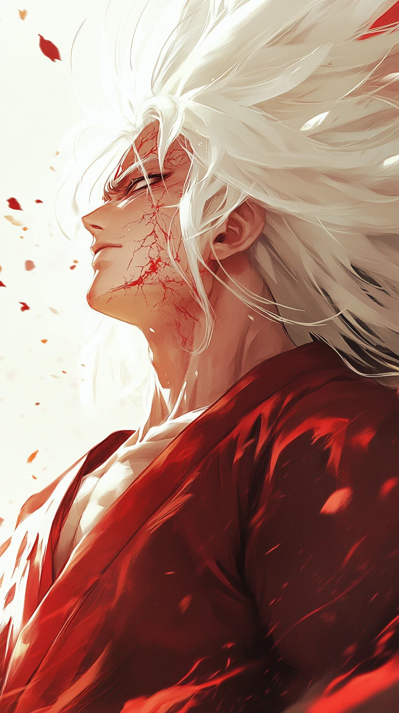 Guerreiro de anime com energia carmesim e pele de porcelana rachada