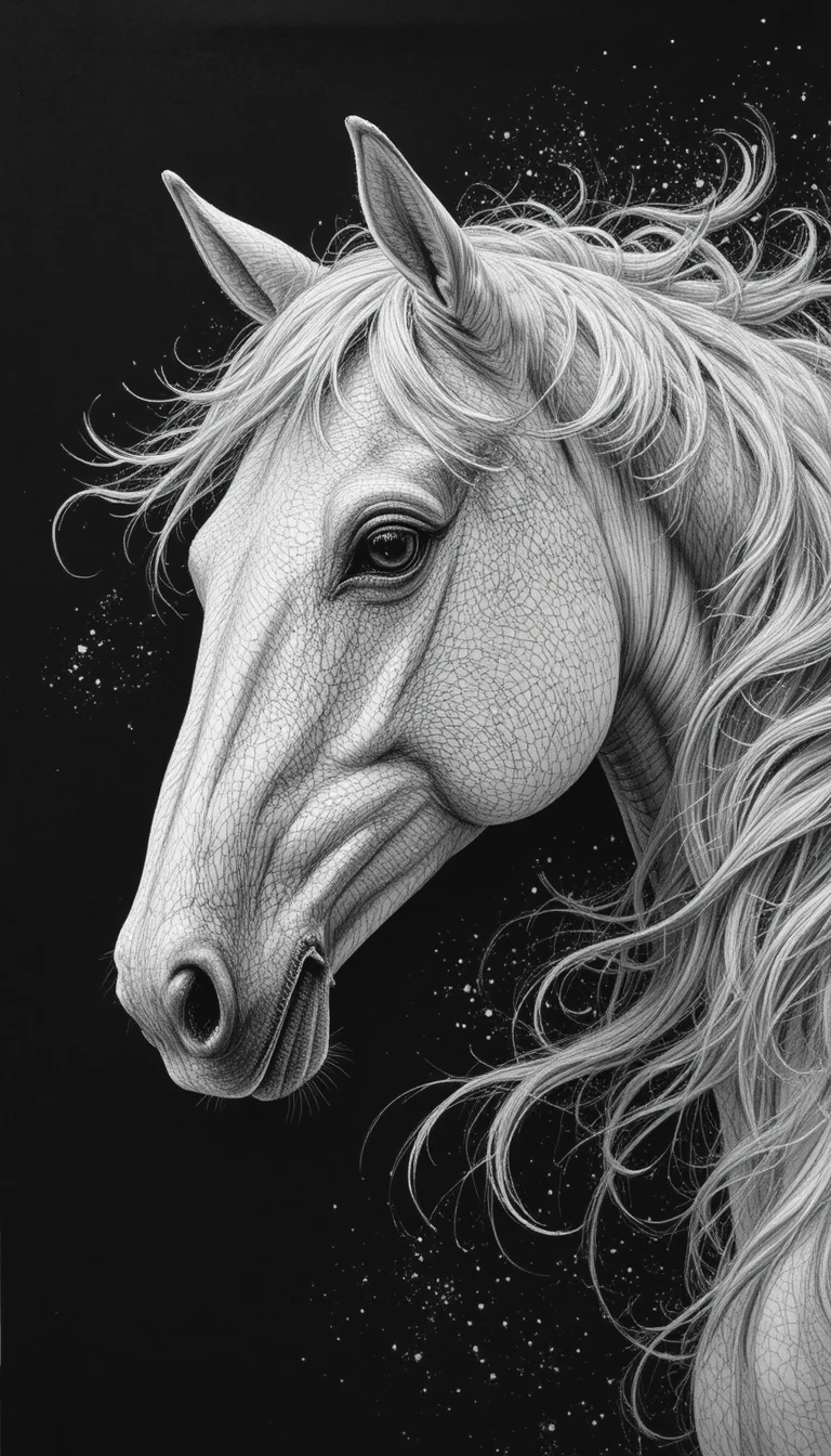 White arabian horse portrait on black paper with charcoal