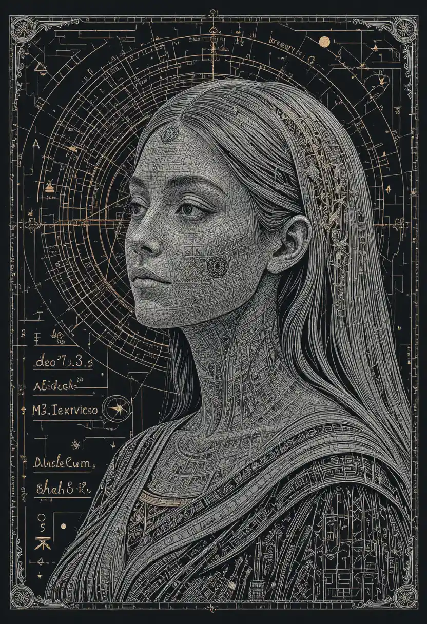 Intricate scratchboard portrait of a woman with mathematical diagrams