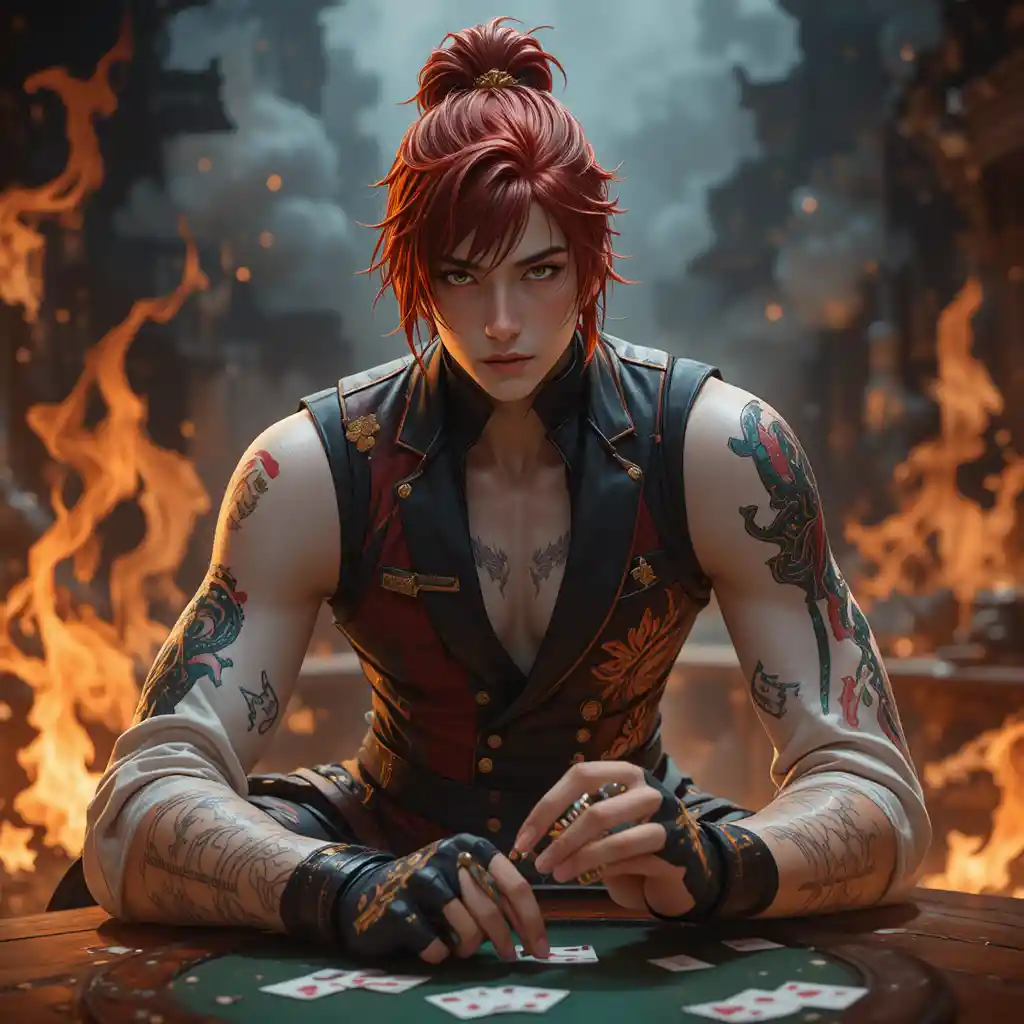 Arrogant red haired teen mage with flaming poker cards