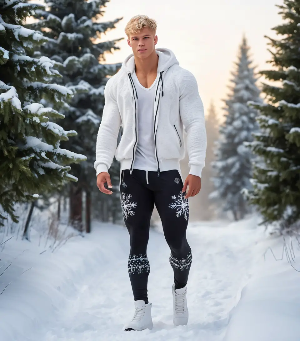 Jeune homme en leggings d’hiver marchant sur un sentier enneigé