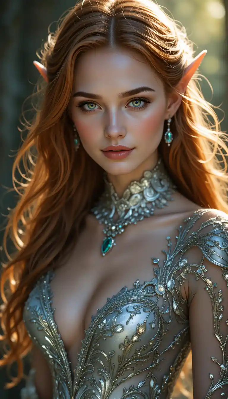 Elegant female elf portrait with emerald green eyes