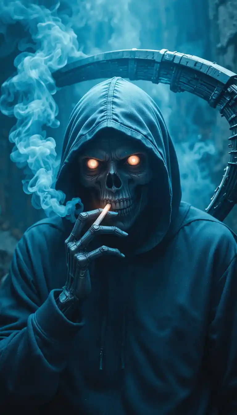 Mechanical grim reaper in hoodie with cigarette and scythe