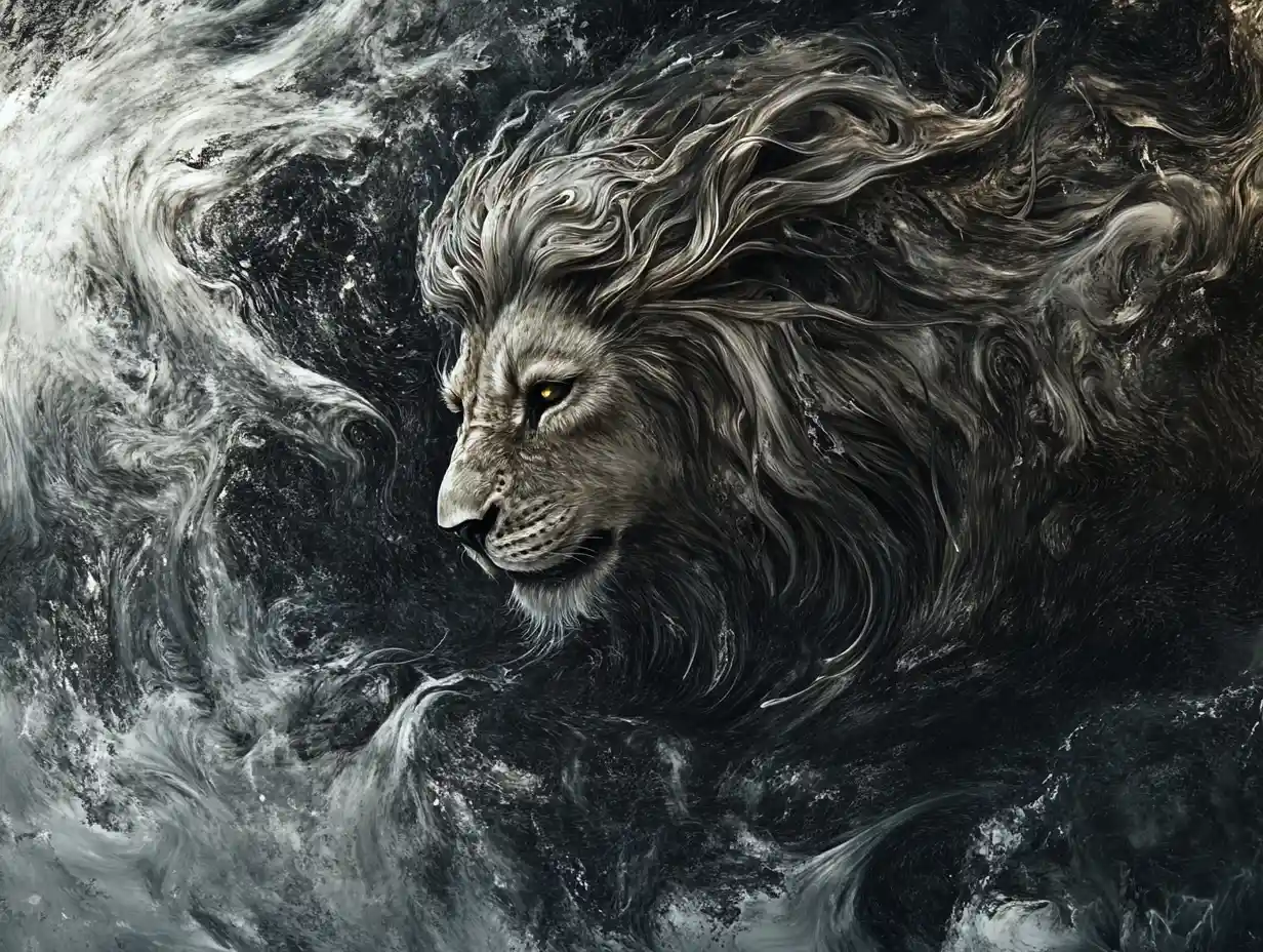 Lion féroce en chasse avec une expression sombre et possédée