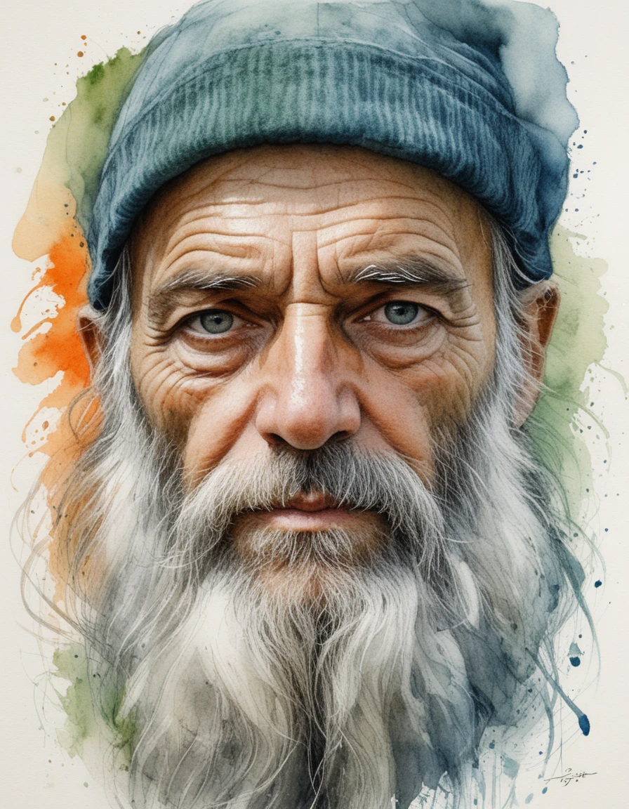 Retrato em tinta e aquarela de idoso barbudo com boné azul