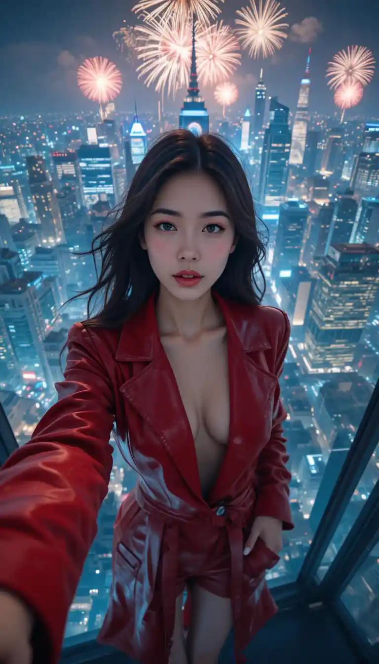 Korean agent in red coat taking selfie above city