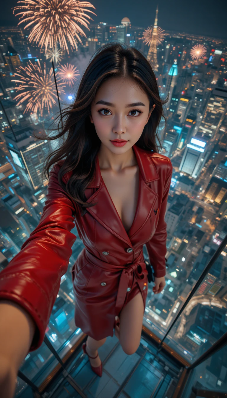 Stilvolle koreanische Agentin macht ein nächtliches Balkon-Selfie