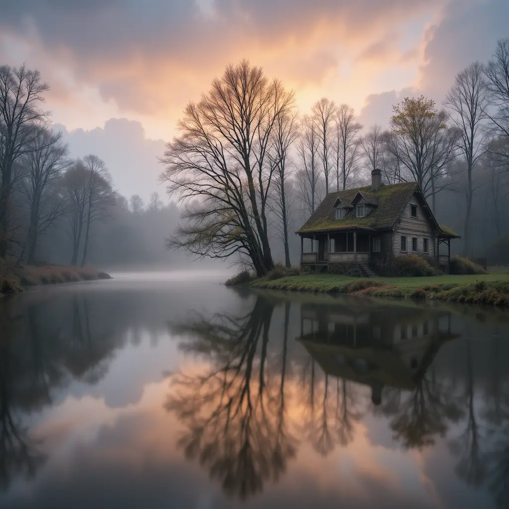 Rio sedoso na floresta ao pôr do sol ao lado de uma casa abandonada