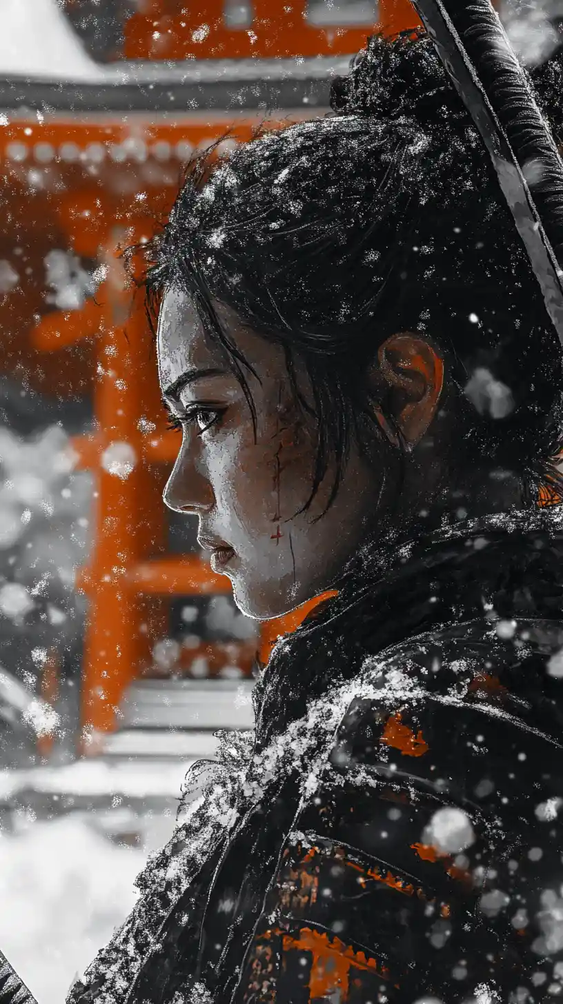 Female samurai guarding a temple in gentle falling snow