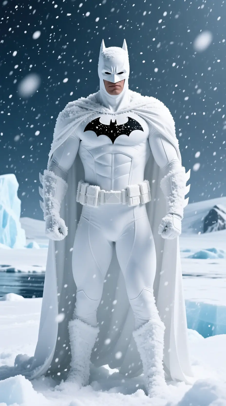 Super‑héros en costume blanc dans une tempête de neige en Antarctique