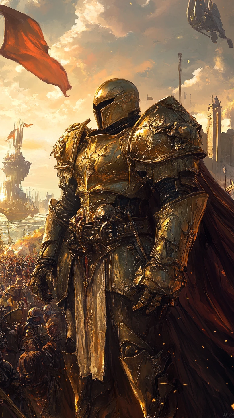 Golden armored knight warrior before ships at sunset