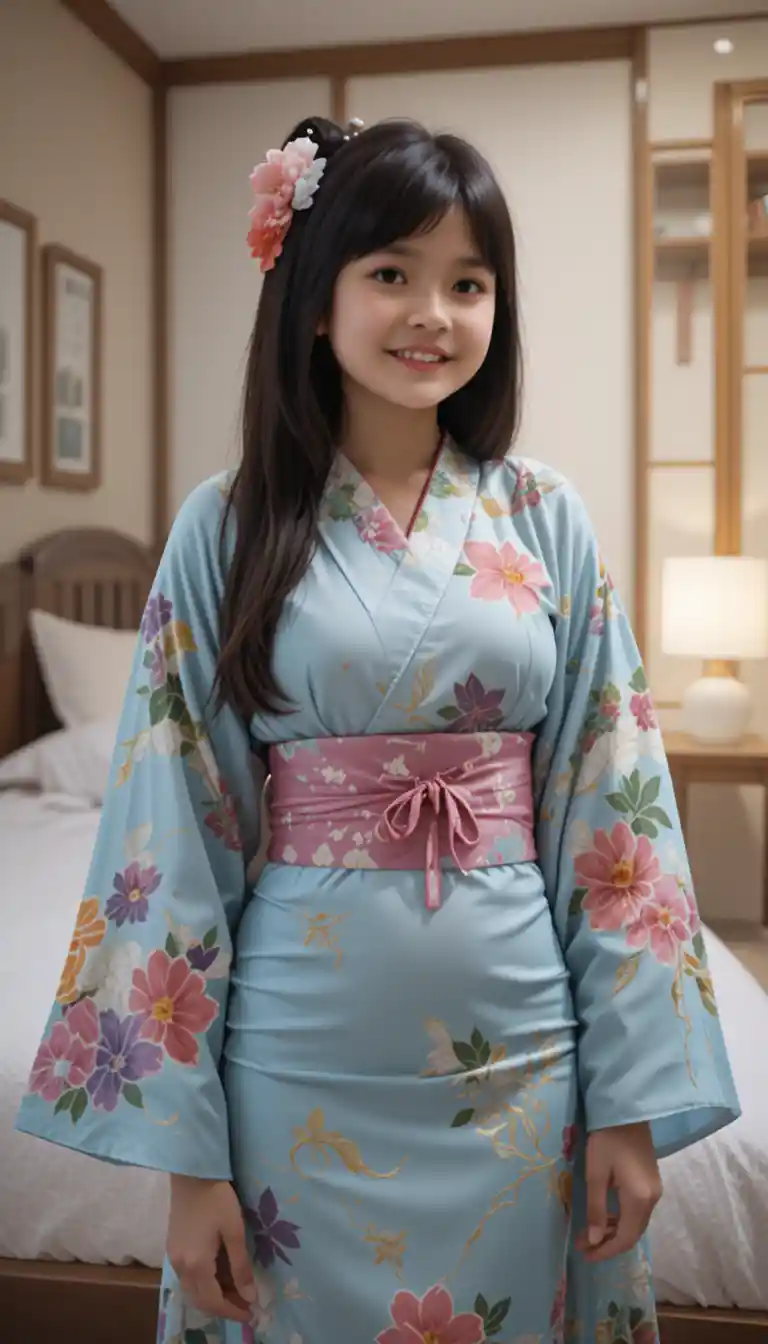 Teen girl in a tight kimono standing in a bedroom