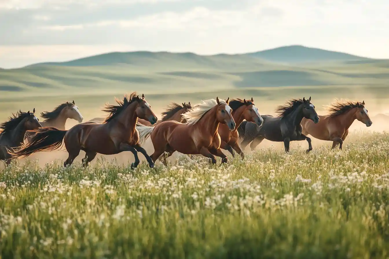 Wild horses galloping across a sunlit grassland plain