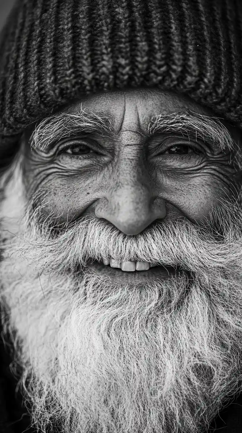 Homme âgé souriant avec une longue barbe blanche en portrait rapproché