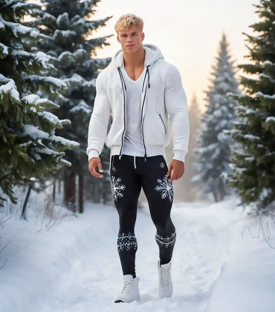 Jeune homme en leggings d’hiver marchant sur un sentier enneigé