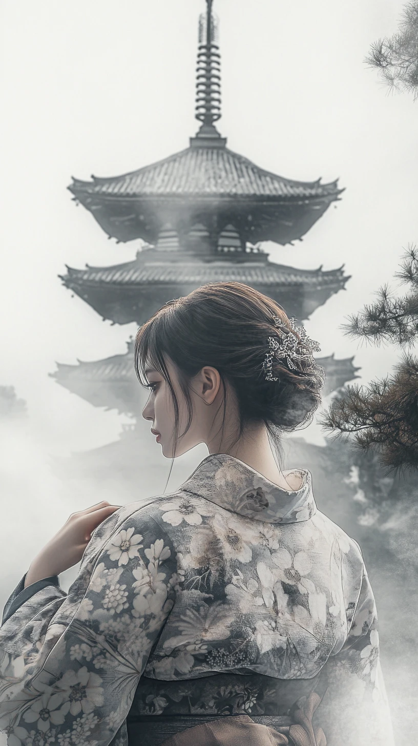 Mujer con kimono frente a pagoda entre la niebla en estilo monocromático