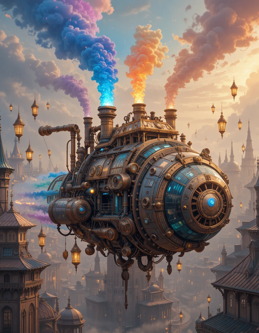 Anime steampunk flying vehicle over a glowing floating city