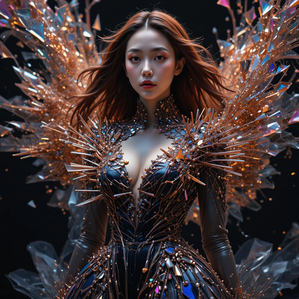 磁性鐵磁流體禮服的韓國女子站在宇宙事件視界前