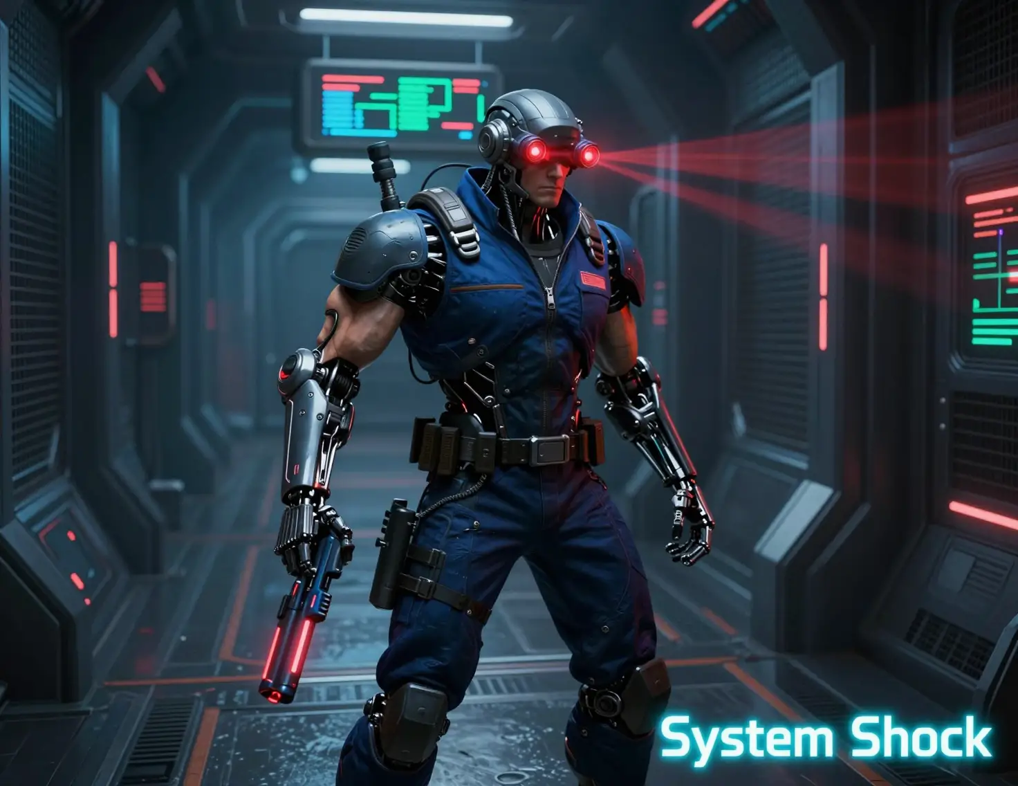 Garde cyborg visant un pistolet néon dans un couloir de science-fiction