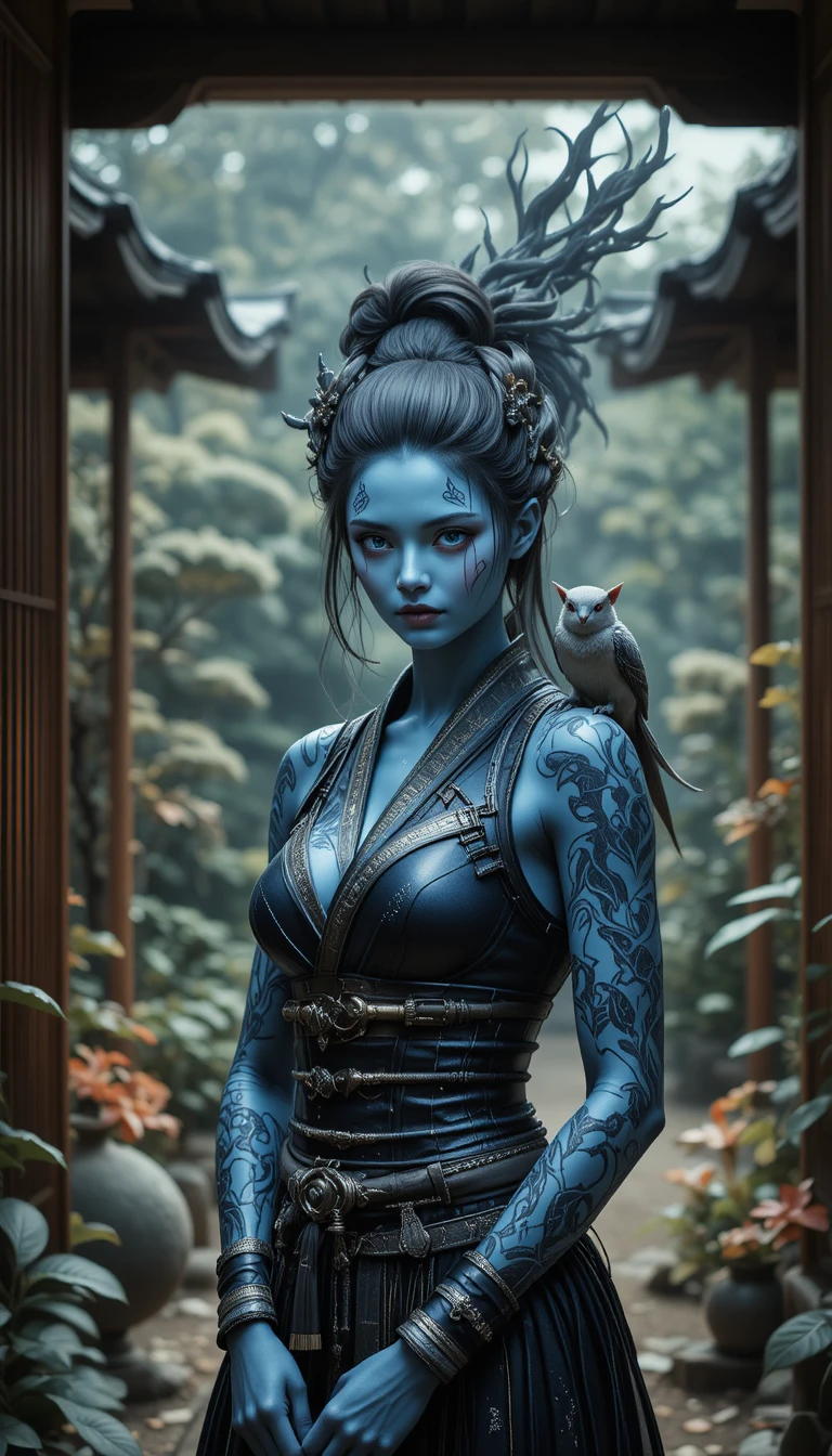 Serene blue skinned samurai woman in a Japanese garden