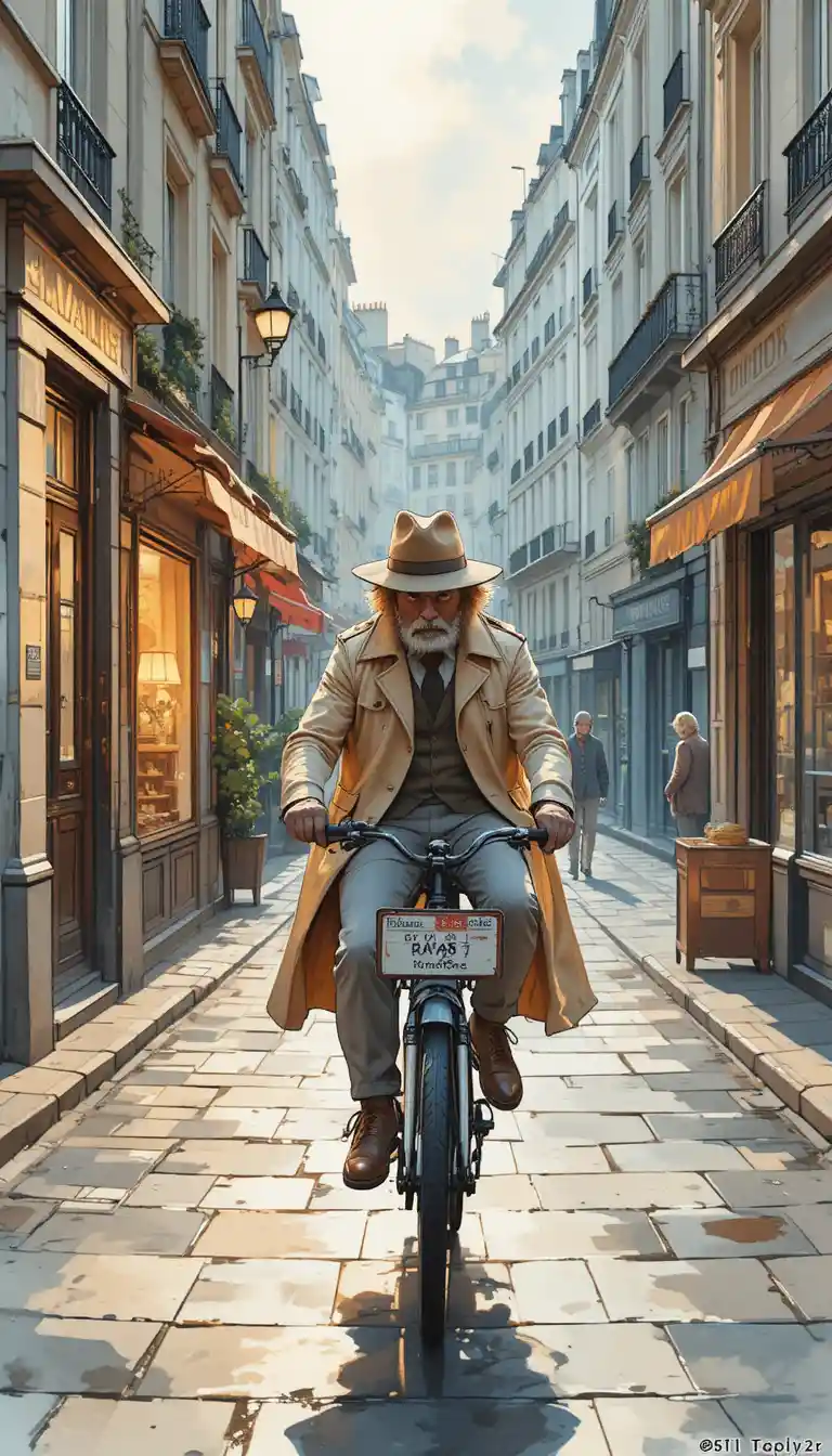Orsetto detective in bicicletta per una strada di Parigi al crepuscolo