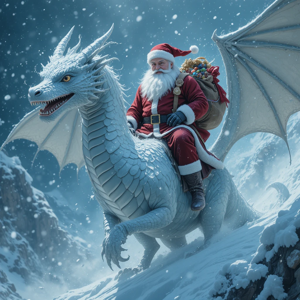 Père Noël chevauchant un dragon de neige dans une tempête hivernale