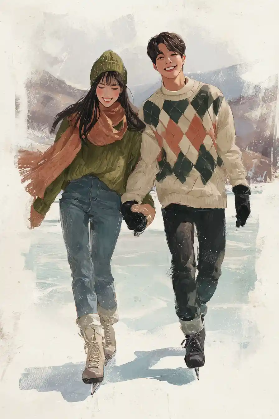 Young couple ice skating on a frozen mountain pond