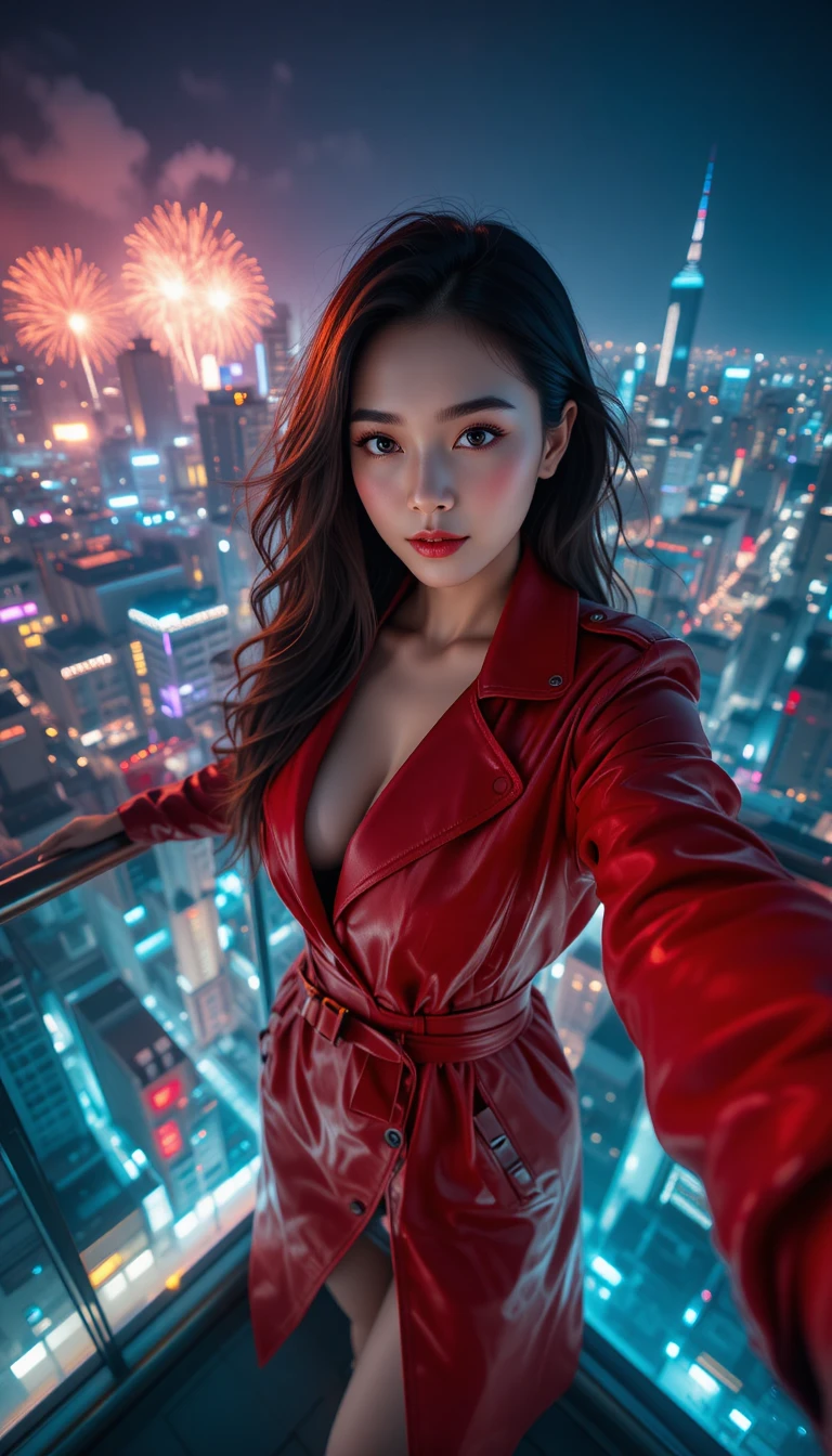 花火が上がる夜景を背景に自撮りするスタイリッシュな女性エージェント