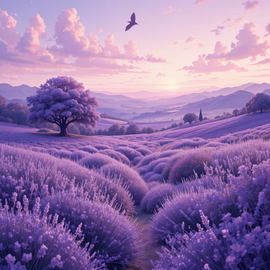 Paesaggio Romantico di Campo di Lavanda in Delicati Toni Lilla